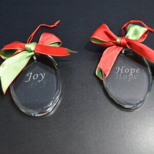 2 Glass Christmas Ornaments, Beveled Edges, Etched, Satin Bow